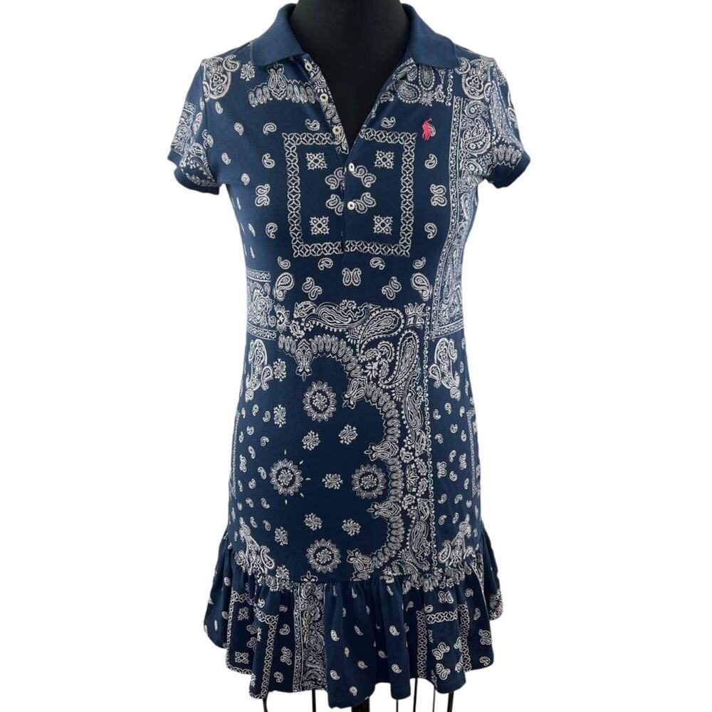 POLO RALPH LAUREN Blue White Cotton Bandana Print Short Sleeve Dress Girls XL